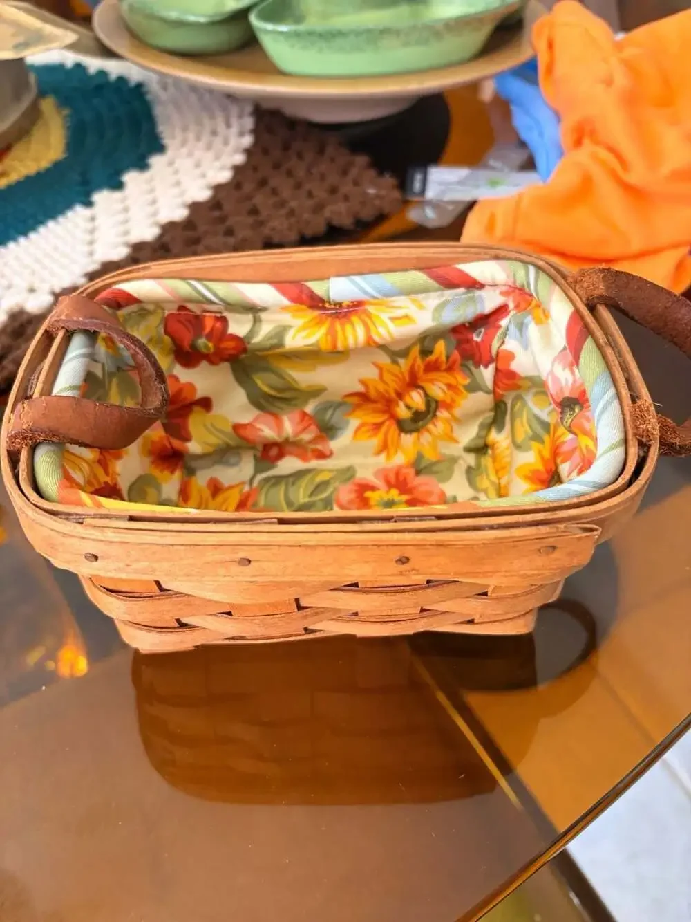 Longaberger Handwoven Dresden Ohio USA Small Double Handles Basket with Floral F